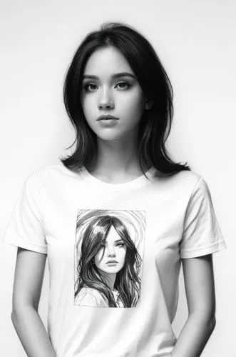 女孩，衬衫，白色背景，长发，黑白，素描,a woman in a t - shirt with a picture on it,girl in t-shirt,tshirt,dennings,print on t-shirt,t-shirt printing,t shirt,Illustration,Black and White,Black and White 12