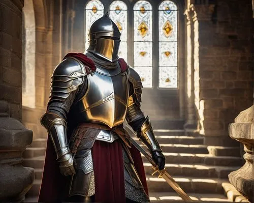 Knight, male, muscular, filigree armor, silver metal, intricate engravings, shoulder pauldrons, gauntlets, sabatons, golden accents, ornate helmet, flowing cape, sword at side, heroic pose, grand stai