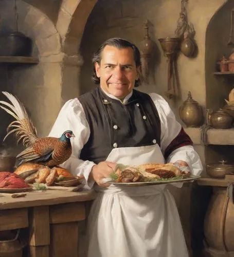 A happy Renaissance court chef proudly holds a feather-adorned roast pheasant on a platter. The cook is dressed in Renaissance clothing with rolled up sleeves. In the background is a medieval kitchen 