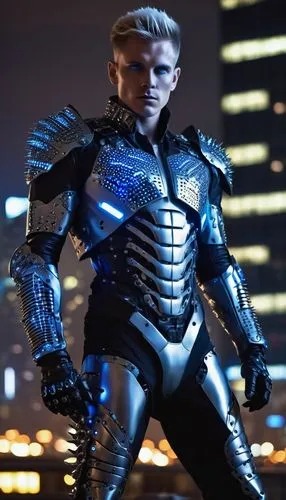 BB, futuristic, masculine, muscular, robotic, metallic, armor-like, glowing blue eyes, short spiky hair, bold facial features, intricate circuitry patterns on skin, black leather jacket, silver chest 