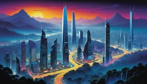 futuristic landscape,citadels,fantasy city,fantasy landscape,tirith,cybercity,cybertown,logopolis,city skyline,city cities,sedensky,areopolis,megalopolis,metropolis,spires,alien world,coruscant,fantasy world,paisaje,skylands,Illustration,Vector,Vector 09