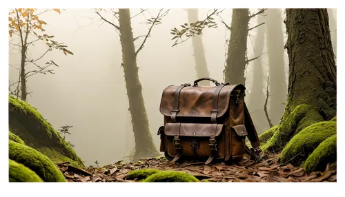 Fantasy adventure scene, misty atmosphere, mysterious ancient forest, twisted vines, glowing mushrooms, treasure chest, old parchment map, worn leather backpack, rusty sword, adventurer's pose, heroic