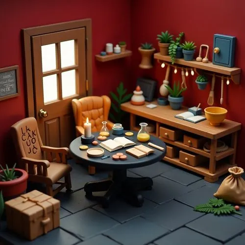 gnomes at table,children's room,the kitchen,tile kitchen,terracotta tiles,miniature house