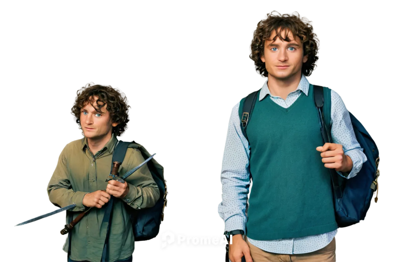 Frodo Baggins, hobbit, male, solo, (30yo), freckles, curly brown hair, green eyes, gentle smile, worn out clothes, The Ring on chain, holding Sting sword, backpack, traveling, standing, natural scener