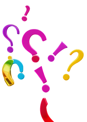 Question mark symbol, multiple question marks, colorful question marks, scattered question marks, white background, bold font, 3D effect, shiny surface, metallic material, reflective light, close-up s