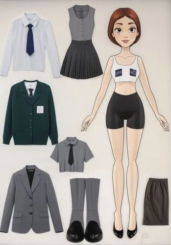 Paper dolls British 16 year old red haired schoolgirl in black sleeveless shirt ,black tight fit spandex shorts with black sock and black shoe standing surrounded by with a set of British school unifo