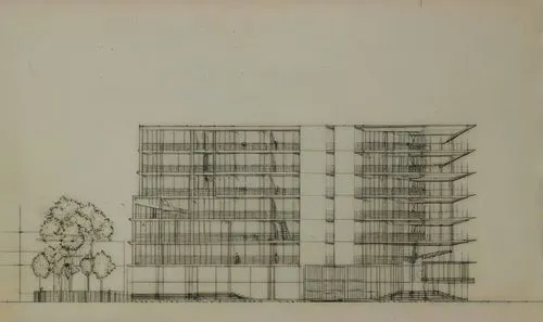 perspective section ,a drawing of a building on top of a hill,archigram,lasdun,unbuilt,hejduk,eisenman,bunshaft