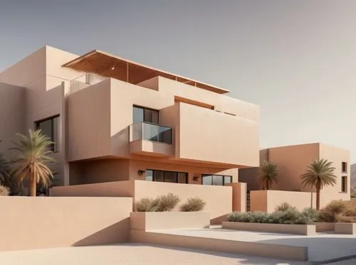 modern style villa, minimal palette with warm colors. in the background an arid mountainous landscape and tall date palm trees and desert garden landscape,some palm trees some sand and a house,dunes h