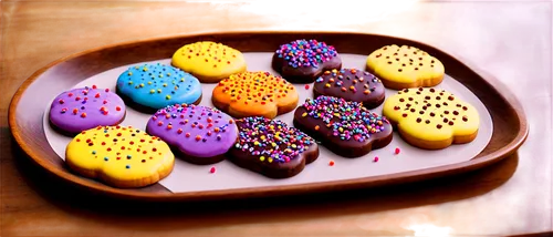 Colorful cookies, assorted shapes, decorated with icing, sprinkles, chocolate chips, soft focus, shallow depth of field, warm lighting, 3/4 composition, ceramic plate, wooden table, morning sunlight f