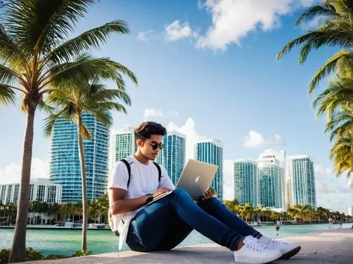 Miami, modern architecture, internship building, young adult, male/female, casual wear, jeans, white/black shirt, sneakers/loafers, backpack, laptop, papers, coffee cup, standing/sitting, cityscape, p