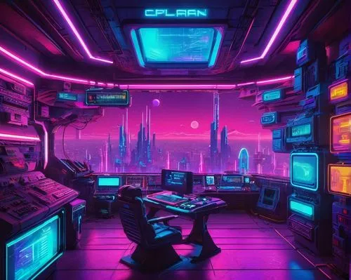 cyberpunk,spaceship interior,ufo interior,computer room,cyberscene,cyberia,cyberworld,cybercity,synth,futuristic landscape,cybertown,spaceland,aesthetic,80's design,polara,game room,scifi,futuristic,cyberport,space port,Conceptual Art,Sci-Fi,Sci-Fi 27