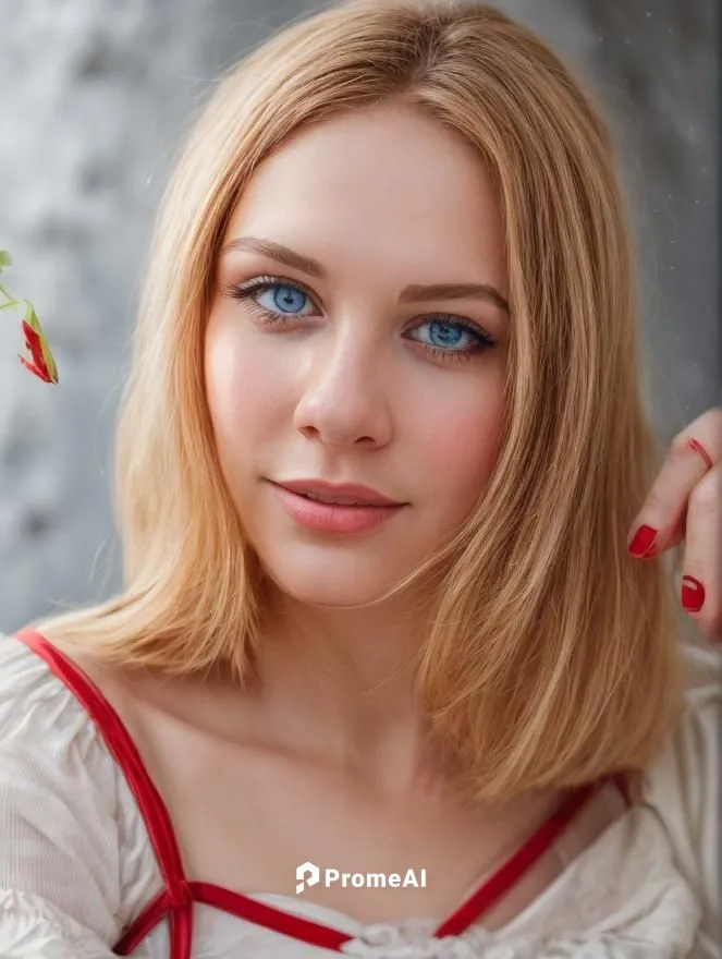 The canvas is filled with a stunning portrait of a beautiful caucasian girl, aged 23 years old, wearing a fiery red dress and holding a bouquet of grapes. Her blue eyes are bright and beautiful, radia