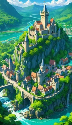 meteora,nargothrond,knight village,medieval town,medieval castle,rouran,beleriand,butka,knight's castle,fairy tale castle,transylvania,forteresse,castletroy,high rhône valley,fantasy city,alfheim,castel,ghibli,elves country,teutoburg,Illustration,Japanese style,Japanese Style 03