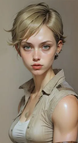 no background, anime, short hair, fit woman, big eyes, big lips,muscle woman,,a 3d rendering of a person wearing a vest,katniss,valorie,lara,arisia,cassandra,lori,Illustration,Realistic Fantasy,Realis