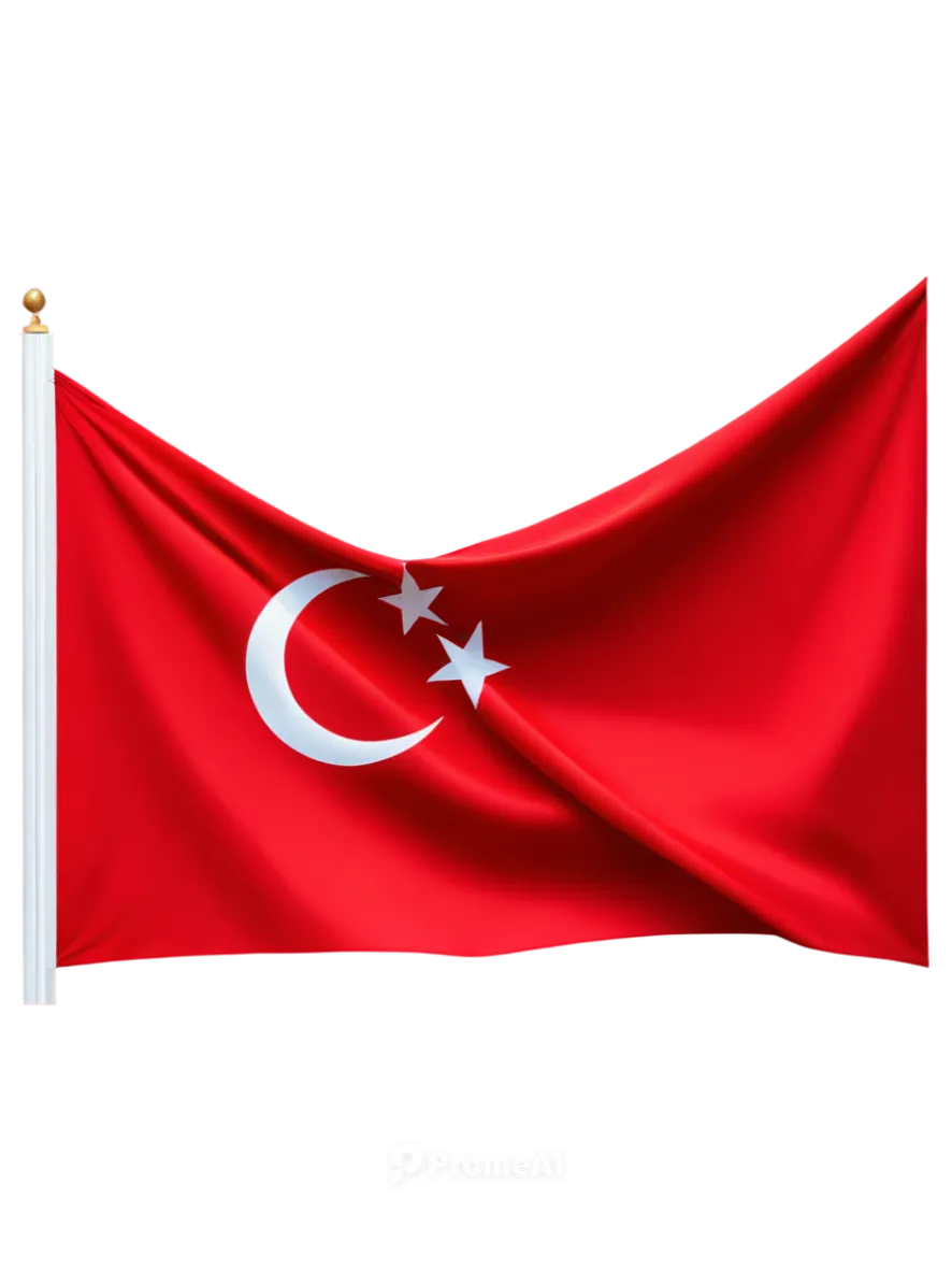 Turkish flag, national symbol, red background, white crescent moon, five-pointed star, waving fabric, dynamic folds, soft light, cinematic composition, shallow depth of field, vibrant colors, panorami