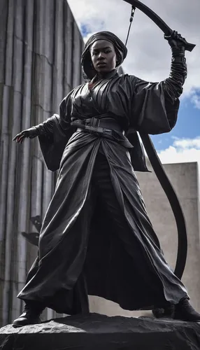 In a dystopian future, Hanimae is a fearless leader fighting for freedom and justice against an oppressive regime.,angel moroni,justitia,lady justice,figure of justice,martin luther,luther,joan of arc