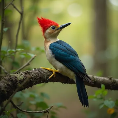 A realistic woodpecker rests on a sturdy tree branch in a vibrant forest looking at the camera. Its head and crest are adorned with rich red feathers, contrasting beautifully with its deep blue wings 