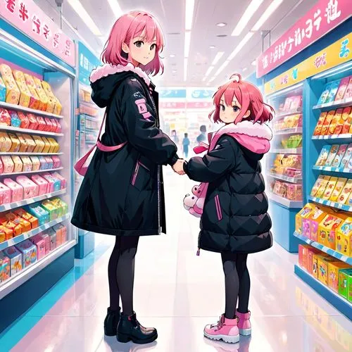 a girl named yugan and her name is on her coat with pink hairs and black big puffy coat she grab the hand of her daughter named suzuka with a pink puffy coat and she buy to her a new toy she carry in 