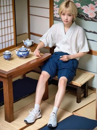 Toij, Shota, blonde hair, blue eyes, pale skin, delicate features, soft smile, white shirt, dark blue shorts, sneakers, sitting, Japanese-style room, tatami mat, sliding doors, paper walls, low table,