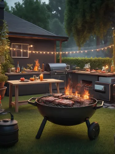 Set the scene of a backyard barbecue with friends, enjoying scrumptious beef ribeye steaks.,firepit,fire pit,outdoor grill,barbecue area,outdoor cooking,fire bowl,barbeque grill,landscape lighting,cam