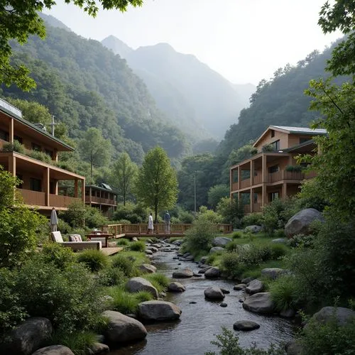 Serene mountainous backdrop, lush forestation, meandering streams, rustic wooden bridges, natural stone retaining walls, modern eco-friendly buildings, green roofs, solar panels, wind turbines, water 