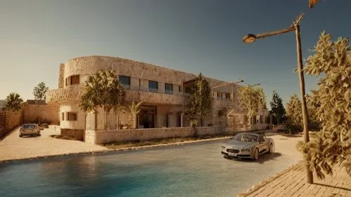 Tavertine clad walls ,a large house with a car in front,hala sultan tekke,masseria,kataeb,jerba,birzeit,holiday villa,Photography,General,Natural