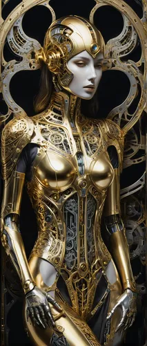 A human figure seamlessly merging with a futuristic machine, creating a striking contrast of gold and silver tones. The person's upper body has become an extension of the machine, as their hands morph