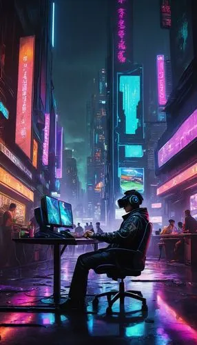 Cyberpunk cityscape, neon lights reflected on wet pavement, 4K resolution, futuristic skyscrapers, holographic advertisements, busy streets, crowded sidewalks, virtual reality headset, online gamer, m