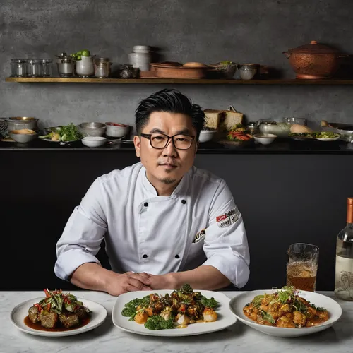 Chef Roy Oh with selections from Anju's menu.,korean royal court cuisine,food styling,chef's uniform,korean chinese cuisine,banchan,asian soups,hong kong cuisine,korean cuisine,huaiyang cuisine,asian 