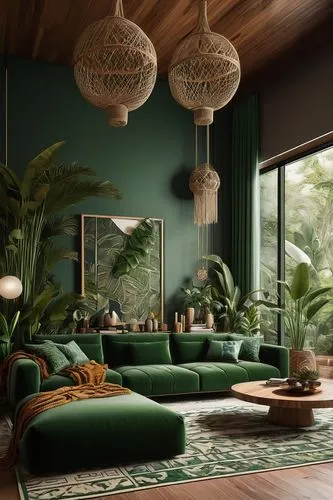 tropical greens,mid century modern,green living,mid century house,living room,sitting room,livingroom,interiors,tropical house,modern decor,sunroom,houseplants,green wallpaper,contemporary decor,interior decor,mid century,interior design,houseplant,pine green,verdant,Conceptual Art,Sci-Fi,Sci-Fi 01