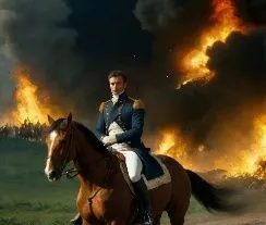 Napoleon Bonaparte is riding a horse, the battlefield atmosphere is filled with explosions everywhere.,a person on a horse in front of a fire,napoleon bonaparte,borodino,valdostan,hessians,fitzjames,n