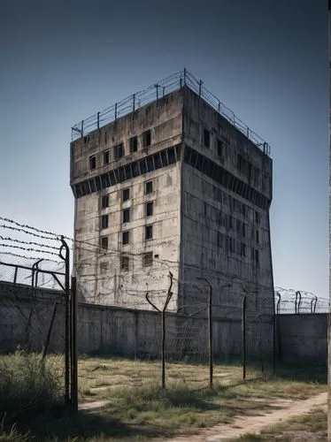 Imposing fortress-like prison building, brutalist architecture style, grey concrete walls, steel bars, narrow windows, solitary confinement cell, rusty metal door, cold fluorescent lighting, dimly lit