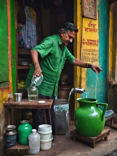 A    candid image    of a    cafe proprietor    pouring a cup of water from a green jug in front of his establishment in    Kolkata, India   .,indian filter coffee,fetching water,maharashtrian cuisine