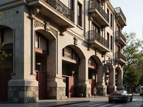 Grandiose building facade, ornate columns, carved stone details, symmetrical composition, classical pediments, intricate moldings, arched windows, ornamental balconies, rusticated base, pilasters, den