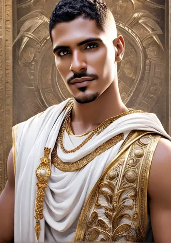 A splendidly dressed man in Greek attire, his mantle elegantly draping over his shoulders, woven with intricate patterns that evoke the grandeur of the gods. His white garments, adorned with golden de