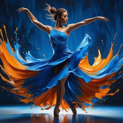 In an 8k hyper-realistic oil painting, an unreal engine 3D animated cartoon portrays a dancer in vibrant blue and orange streaks, their fluid movements captured with impasto strokes. The minimalistic 