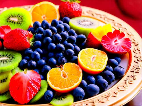 Bed, still life, colorful fruits, assorted shapes, juicy skin, ripe strawberries, blueberries, grapes, orange slices, apple wedges, kiwi halves, morning sunlight, soft focus, shallow depth of field, w