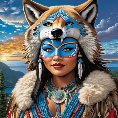 gorgeous award winning photorealistic masterpiece ultra detailed 8k hyperrealistic portrait master illustration of a Pacific Northwest Native American Tlingit female warrior wearing a traditional wood