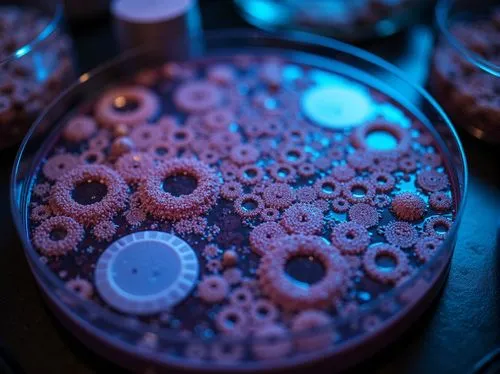 Bioluminescent microbiome, organic modules, hexagonal structures, iridescent membranes, glowing enzymatic reactions, futuristic laboratory equipment, petri dish landscapes, neural network-inspired cir