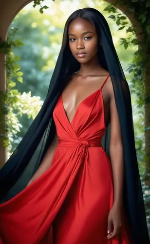 In the heart of a serene garden, a young ebony girl drapes her flowing red gown, gracefully carrying a slender robe. The robe drapes her forehead proudly, with pure, radiant aura. Her slender veil dra