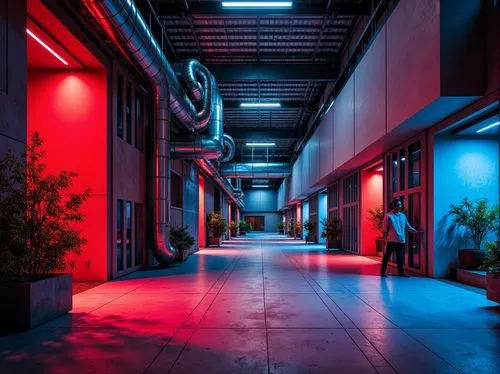 alley,alleyway,corridors,colored lights,corpus,alleyways,walkway,industrial hall,hallway,night view of red rose,corridor,warehouse,dojo,cyberport,parkade,cybercity,urban,galleria,passage,noncorporate