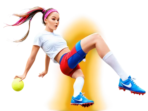 kicking, athletic girl, sporty, ponytail, sweatband, sports shoes, white socks, kicking ball, dynamic pose, motion blur, low-angle shot, strong lighting, vibrant colors, shallow depth of field, 3/4 co