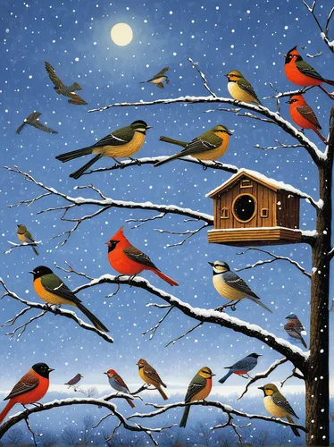 songbirds,robins in a winter garden,bird house,carol singers,house finches,birdhouses,birdhouse,birds on branch,christmas landscape,christmas snowy background,bird home,birds singing,carolers,bird painting,modern christmas card,birds on a branch,finches,red feeder,christmas scene,bird feeder,Conceptual Art,Daily,Daily 33