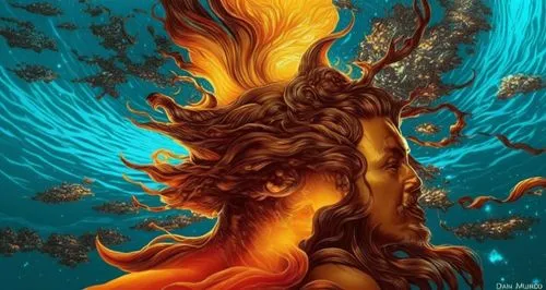 a painting of a woman with flowing hair,flame spirit,sirene,ifrit,firebird,pillar of fire,flame of fire,Illustration,Realistic Fantasy,Realistic Fantasy 25