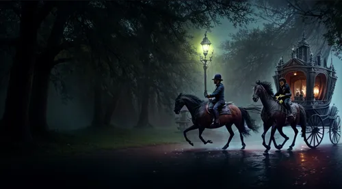 horse carriage,fantasy picture,horse-drawn carriage,carriage,horse-drawn,lamplighter,horse drawn,carriage ride,horse drawn carriage,horse and cart,horse and buggy,horse riders,man and horses,dark park,night scene,fantasy art,photo manipulation,horseback,horseman,light of night