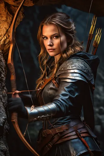 masterpiece, best quality, fine details, Huntress in a cave, full detailed leather armor with trench coat, bow and arrow, looking for demons, medieval, Dark Fantasy, high detail, 8k, sharp image,bow a