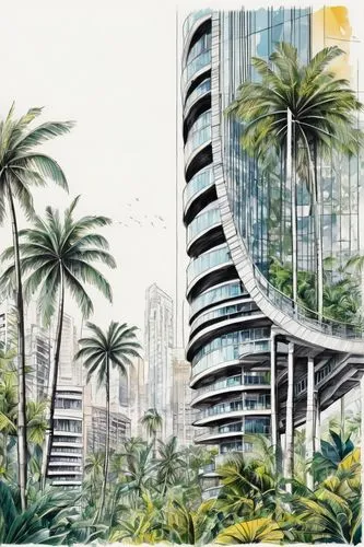 sathon,damac,watercolor palm trees,waikiki,subtropics,bahru,escala,biopolis,tropicale,ikoyi,wittaya,abidjan,vdara,dubay,honolulu,tropical house,planta,borivali,brickell,mumbai,Illustration,Black and White,Black and White 34