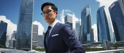 Modern architectural designer, male, 30s, bespectacled, short black hair, white shirt, dark blue suit, tie, holding a tablet, standing in front of a sleek glass skyscraper, Singapore cityscape, financ