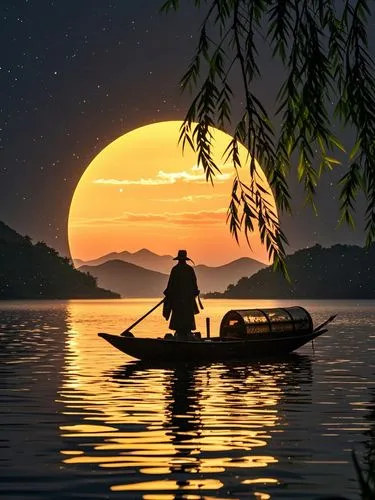 fisherman,evening lake,canoer,canoeist,canoeing,boatman,tranquility,fishermen,coracle,sampan,romantic scene,canoe,boat landscape,canoed,backwaters,moonlit night,calmness,landscape background,inle,stillness