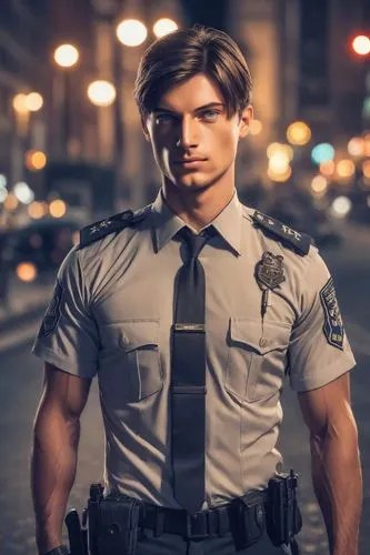 Handsome man, in police uniform, good physique. The background should be night city. ,policeman,police officer,police uniforms,traffic cop,sheriff,officer,bodyworn,policia,holster,policewoman,cops,sec